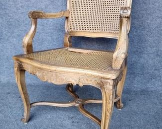 Vintage French Carved Chair caned Rattan Back & Seat 