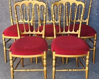 Five Vintage Italian Chiavari Style Dining Chairs Wood Burgundy Velvet & Gold Giltwood Hollywood Regency Style