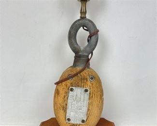 Vintage Wooden Block & Tackle Pulley Lamp with R.M.S. Queen Mary Plaque