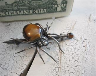Victorian spider brooch featuring  Seed Pearls and Tiger's Eye stones, Sterling