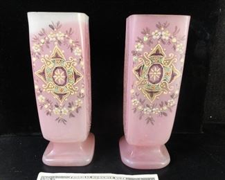 Victorian Satin Glass vases, hand painted, no cracks or chips, approx 8" tall x3"x3"