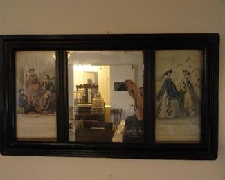Mirror with framed French fashion prints