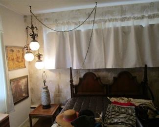 Hollywood Regency hanging lamp and Mid Century pottery lamp