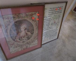 Antique tapestry framed & embroidery sampler