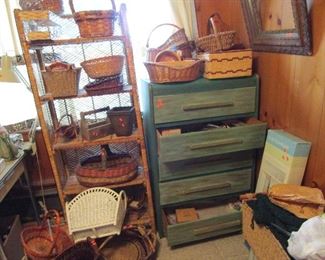 Tiki shelf, antique dresser and baskets