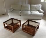 Off-white leather sofa & mod glass top cube end tables