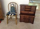 German "flat top" china doll c. 1880's + antique child's toy cupboard