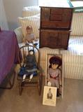 Dolls: German "flat top" china doll (c. 1880's), Effanbee 20" Patsy Joan composition doll,
American Girl "Samantha Parkington" doll with box + book, antique child's oak hutch