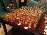 Tons of vintage pink stemware with gold rims - plus matching clear pieces