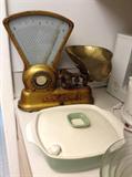 Antique Dayton candy scale (Pat. 1906) & rare Kinneloa Kilns casserole dish (made by Batchelder - Pasadena)