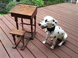 Antique child's desk with fold-up seat & Dalmatian statue