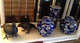 Pair of cast metal pigeons, pair of blue & white Chinese ginger jars with lids + matching tall vase