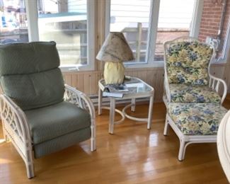 Matching bamboo chairs and ottoman.  Measure 27 w x 28 d x 41 h.  Presale:  plain chair $75 and floral chair  and ottoman $100.