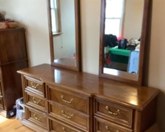 Triple oak dresser with double mirror presale $125.  Measures 18 deep x 63 long.  Mirrors are 45” high