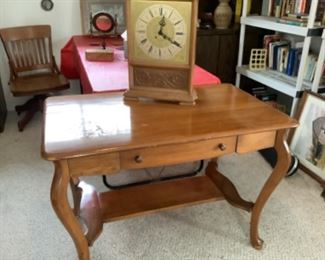 Vintage library table, oak desk chair and working vintage clock with key.