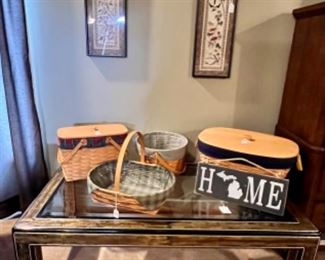 Brass and Ebony coffee table, very unusual.  Large Longaberger baskets. 