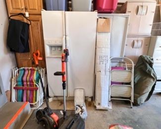 Wood pantry, refrigerator, plastic storage cupboards 