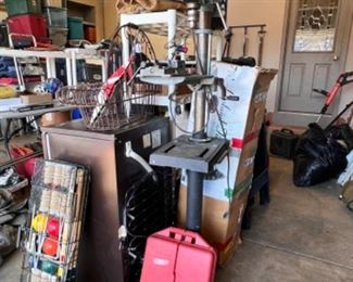 Drill press, croquet set, Christmas tree