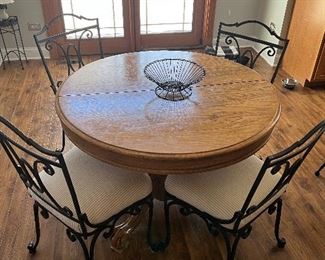 Small Oak Kitchen Table with Leaf and 6 Wrought Iron and Upholstered Chairs 