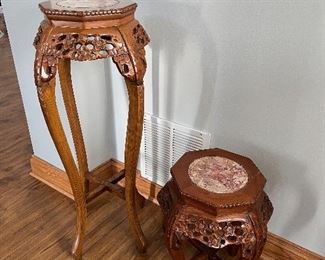 Vintage Wood Carved and Marble Oriental Plant Stands 