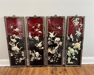 Vintage 4 Panel EXTREMELY Heavy Black Lacquer Mother Of Pearl Wall Hanging