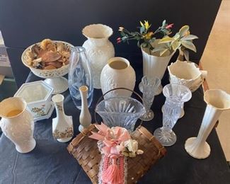 Vintage Flower Basket, Crystal, And Lenox Vases