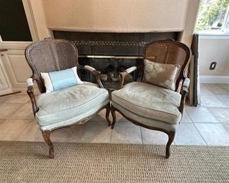 Pair of lovely Century walnut fauteuils in light sage suede 