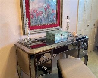 Marlene Cohen framed numbered print, mirrored vanity, cute vintage accessories