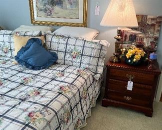 Queen bedding and bed, Grace Haverty print