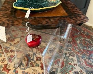 Cute acrylic side table, Jan Barboglio tray and the cutest nut dish you’ve ever seen