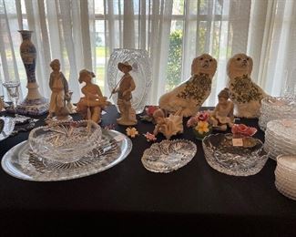 Lladro figurines, Waterford candlesticks, pair of rare dogs, Staffordshire flowers, cut crystal etc