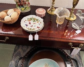 Pair of the cutest strawberry French Limoges, large round Jan Barboglio tray, beautiful sofa table, more Wedgewood