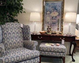 Wingback and ottoman in an adorable peacock upholstery, lots of cute art and accessories 