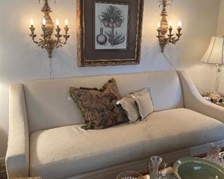 Pair of Italian sconces, beautifully framed art, custom Pearson sofa