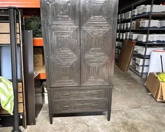 $150 USD     2 Piece Balinese Entertainment Center/Armoire Wardrobe JC155-24     Description:  2 Piece Balinese Style Entertainment Center. Open upper cabinet for TV or open storage sitting atop a base with double drawers for closed storage.  This could be a fantastic dry bar!
Dimensions: Overall:  40 x 23.5 x 80"H
Upper 54H
Lower 26H
Condition: Used with minor signs of wear associated with use and age.  Please refer to pictures for more detail.
Location: Local pick up SW Portland, OR. Location is easy access in warehouse. Contact us for shipper suggestions.      https://goodbyhello.com/products/copy-of-french-styled-jc155-23?_pos=19&_sid=44ad0c740&_ss=r