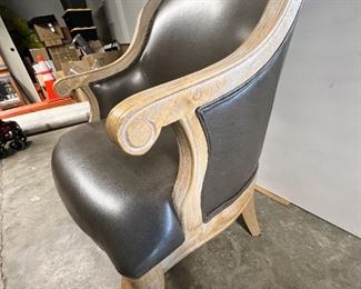 $110 USD     French Country Styled Luxury Faux Grey Leather Parlor Arm Chair JC155-23     Description: Bask in French country style with this parlor armchair. Made from solid and engineered wood, this chair strikes a classic silhouette with a full backrest, recessed track arms, and streamlined cabriole legs in a weathered and distressed whitewash finish. It's upholstered with a luxury faux leather and it showcases a double welt  trim for a tailored touch. Foam-filled cushioning keeps you supported while you relax with a friend or a good book. 
Dimensions: 27.5 x 36 x "H                   Seat = 20"H                 Arm = 27"H
Condition: Used with minor physical signs of wear associated with use and age.  Please refer to pictures for more detail.
Location: Local pick up SW Portland, OR. Location is easy access in warehouse. Contact us for shipper suggestions.      https://goodbyhello.com/products/copy-of-double-wide-chenille-curved-chaise-lounge-jc155-22?_pos=21&_sid=44ad0c740&_ss=r