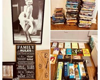 Framed art work, chalkboard signs, wooden clocks, "my kids bark" home decor sign, books, puzzles, PS4 video games, cassette tapes, and dvd's