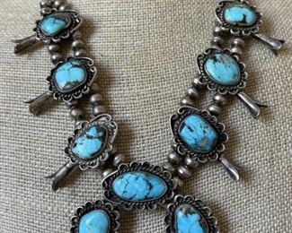 Vtg Sterling Silver & Turquoise Navajo Squash
Blossom Necklace - 
Necklace is 19 inches long with a 2.5 inch naja drop