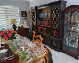 Curio cabinet. Country barnyard dining table. Wall unit. Library book case 