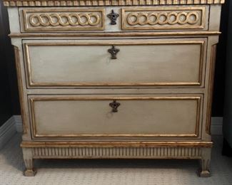 Chest from Studio Thomas James
1 of 3
See matching piece in lot 14 and corner desk in lot 68
33.5 tall x 36 wide x 18 deep Antique Grayish Green and Gold Regency Style Note: Gold Leaf Detailing, Solid Brass Hardware, and Dovetailed Drawers