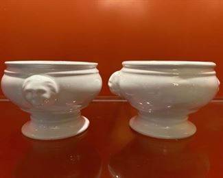 (2) White Porcelain Lion Head Soup Bowls, Marked