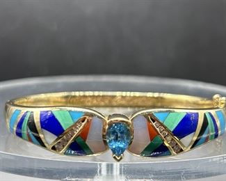 The Asher Collection Bracelet: 14kt Gold, Blue
Topaz & Diamond’s w/ Multi Gemstone Inlay 
Total Weight 37.4grams