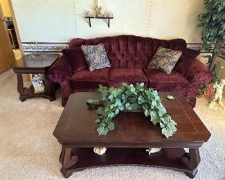 Upholstered Sofa, Cherry Coffee Table, Cherry end Table