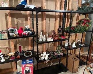Storage shelves and holiday decor and ornaments