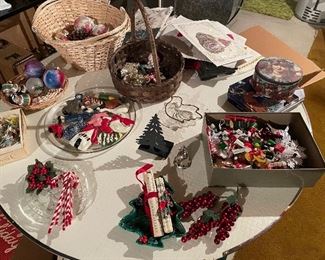 Round card table-topper, card table, and holiday ornaments (some mercury ones)