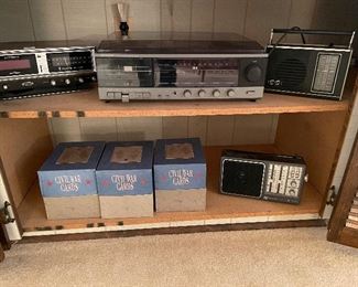 Vintage radios, Civil War Cards (3 boxes in set); Stereo receiver with cassette, radio, and turntable with 2 speakers