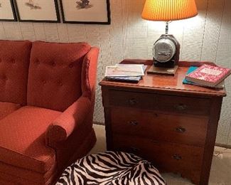 another view of the 3-drawer chest, ottoman and custom lamp; civil war framed prints (set of 4) and 3-cushion couch)