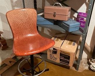 Vintage swivel bar stool; metal storage shelf, and metal storage boxes