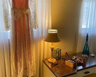 Vintage lace dress with slip and other view of the MCM desk and accessories