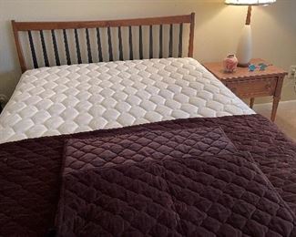 MCM full/queen headboard, Full/Double sized mattress/boxspring; nightstand; MCM lamp; queen velvet quilt and shams